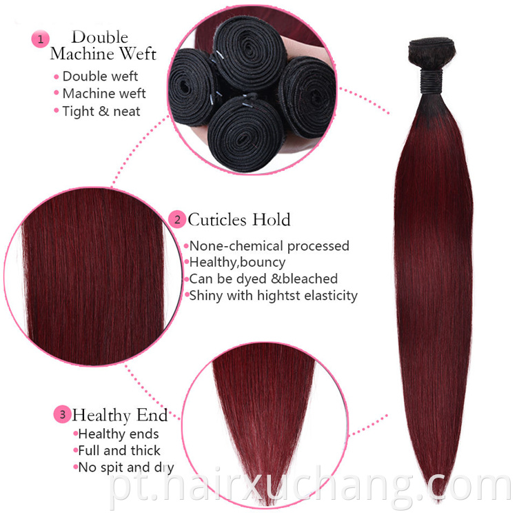 Preço barato Raw Hair Teave Color 1b/99j Extensões de cabelo cruas Virgens humanas virgens humanas com fechamento